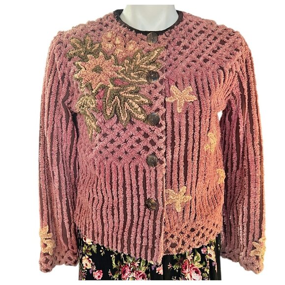 Handcrafted Sweaters - Chenille Cardigan With Loop Details on flowers Leaves Handmade Pink Rose